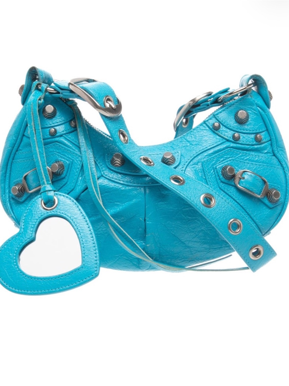 Balenciaga Blue Cyan Leather La Cagole XS Shoulder Bag w/ Heart Mirror, Gorgeous